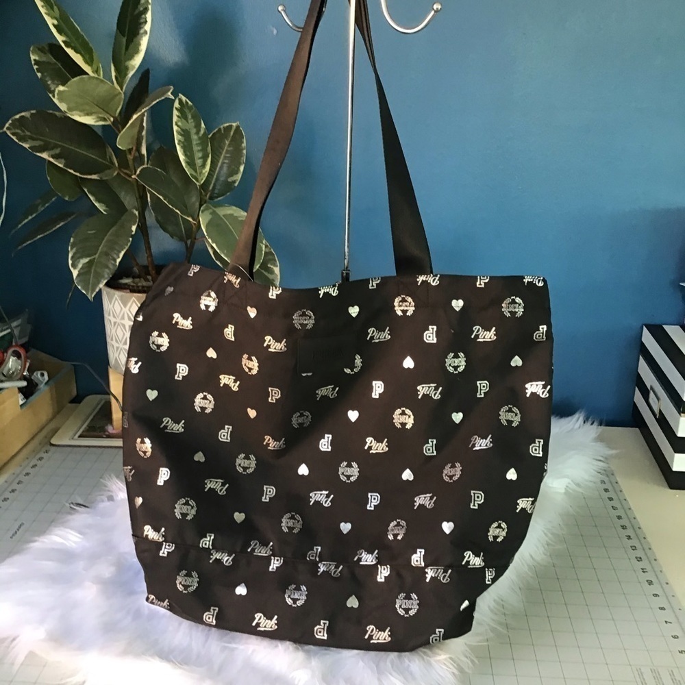 Pink logo black tote NWT